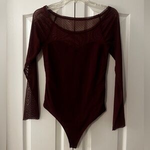Women’s Long Sleeve Mesh Bodysuit in Burgundy